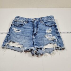 American Eagle Women's Curvy Hi-Rise Shortie Distressed Shorts Size 2 Blue